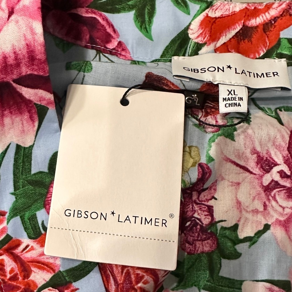Gibson + Latimer NWT SZ XL Floral Midi Dress Blue Pink Wrap Tiered Puff Sleeve - Picture 9 of 15